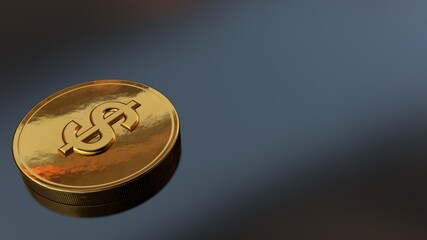 Gold coin with dollar sign. Realistic on table background 3D rendering