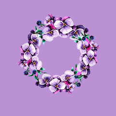 Fototapeta na wymiar Round elegant floral pansies wreath isolated on purple. Design element. Purple spring decoration frame for invitation, greeting card, wedding , interior poster, textile hand drawn in watercolor
