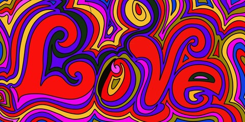 LOVE script lettering word in hippie, retro 70's 80's style of lines, scroll, swirls outline hand drawn art multicolor rainbow red, blue yellow, pink ,green