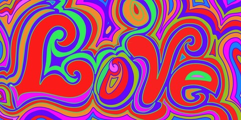 Fototapeta na wymiar LOVE script lettering word in hippie, retro 70's 80's style of lines, scroll, swirls outline hand drawn art multicolor rainbow red, blue yellow, pink ,green
