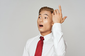 Business man white shirt tie gestures with hands 