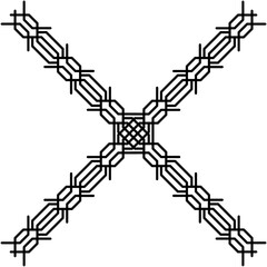 Fototapeta premium Variants of a braided pigtail pattern made on grid cells on a white background. The pattern resembles the shape of a knitted pigtail, and makes up squares, circles, and other geometric shapes 