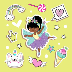 Stock vector illustration of cartoon fairy and girl items. Fashion Birthday Patches