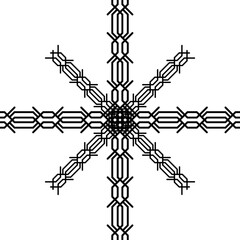 Fototapeta na wymiar Variants of a braided pigtail pattern made on grid cells on a white background. The pattern resembles the shape of a knitted pigtail, and makes up squares, circles, and other geometric shapes 