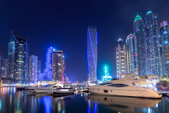 Cityscape of the Dubai Marina at night, UAE