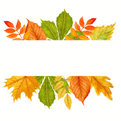 Watercolor autumn beautiful frame of yellow, green  and red leaves