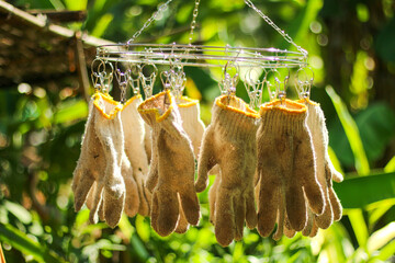 Some dirty groves are hanging with the round cloth hanger