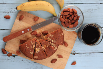 Banana cake topping with almond nuts