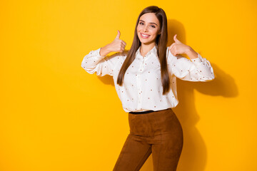 Portrait of her she nice-looking attractive lovely pretty content cheerful cheery straight-haired girl showing double thumbup isolated bright vivid shine vibrant yellow color background