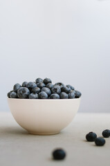 Fresh ripe blueberry in ivory bowl on blue background