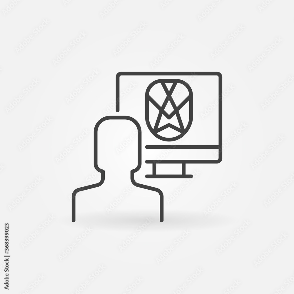 Poster computer human face verification technology line icon. man in front of his computer vector concept s