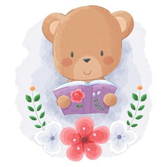Cute Animal Brown Bear Reading Book With Flower Frame Watercolor Background. Suitable For Nursery Art, Baby Shower, Wall Decor, Prints, Wallpaper, Children Kids Book, Invitation and Greeting Cards.