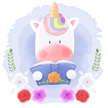 Cute Animal Unicorn Reading Book With Flower Frame Watercolor Background. Suitable For Nursery Art, Baby Shower, Wall Decor, Prints, Wallpaper, Children Kids Book, Invitation, Greeting Cards, Sticker.