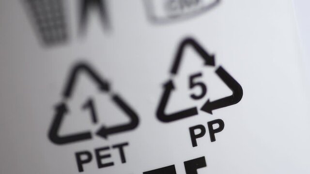 polyethylene and polypropylene sign on packaging Spbd. easy to recycle. macro closeup footage of ecological pet pp label. concept protection, pollution. symbol of pack