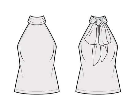 Halterneck top technical fashion illustration with semi-fitted body, ties pussy-bow at neck, sleeveless. Flat blouse apparel template front, back, grey color. Women, men unisex shirt CAD mockup
