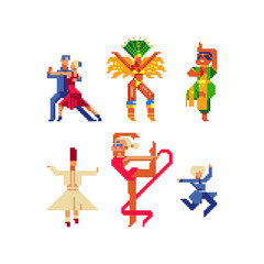 Obraz na płótnie Canvas People from different countries dancing national dances pixel art character, Brazilian and indian dancer, tango and сaucasus dance man, isolated vector illustration. Design stickers, app, logo. 