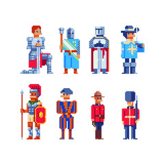 Knights. Pixel art medieval character. Knight with a sword, a warrior with a club. Sticker design. 8-bit sprite. Isolated vector illustration. 