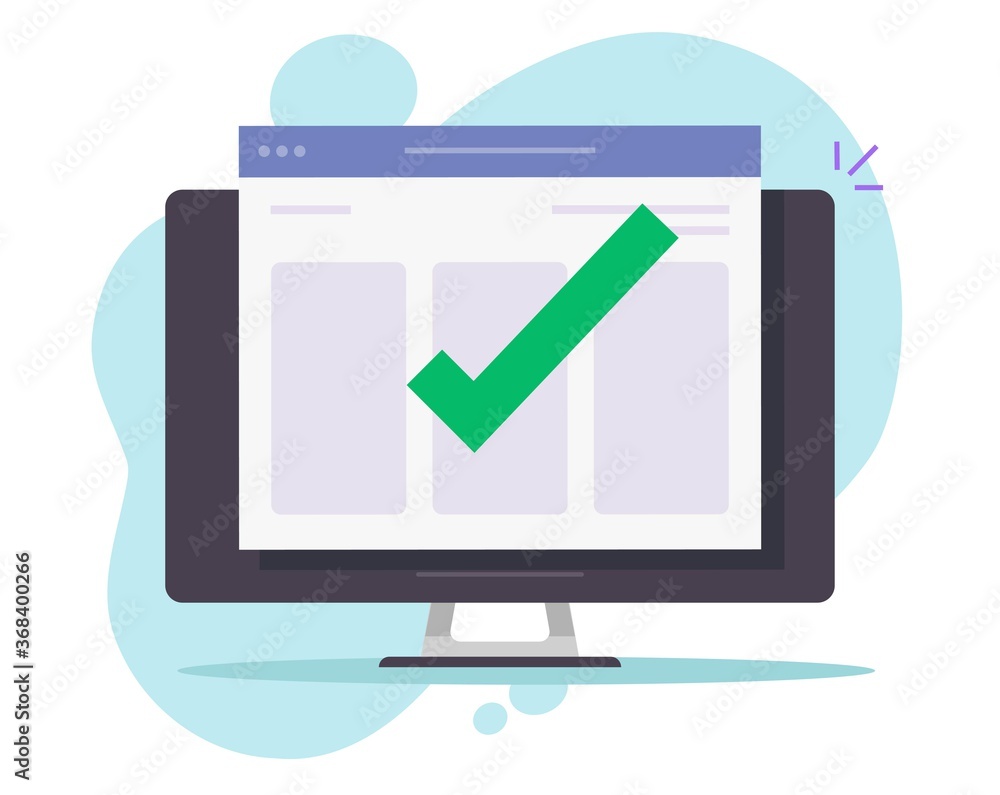 Poster check mark notice message complete on website on desktop computer or pc with approved confirmed noti