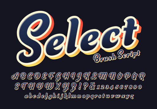 Vector Font Alphabet in a Brush Script Style with Gradient, Outline, and 3d Enhancements; Modern, Yet Retro, Styling.