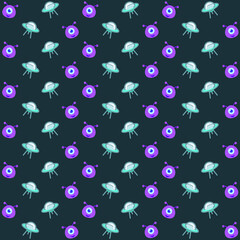 Alienship and purple alien face with single eye and black background repeat pattern