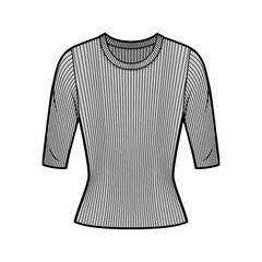 Ribbed crew neck knit sweater technical fashion illustration with short rib sleeves, tunic length. Flat outwear apparel template front, grey color. Women, men, unisex shirt top CAD mockup