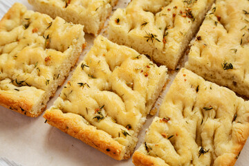 Home-baked Rosemary Garlic Focaccia Bread, close-up.