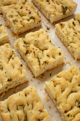 Home-baked Rosemary Garlic Focaccia Bread, low angle view.