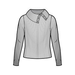 Naklejka premium Wide button-up turtleneck ribbed-knit sweater technical fashion illustration with long sleeves, oversized body. Flat sweater apparel template front white color. Women men unisex shirt top CAD mockup