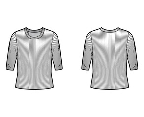 Ribbed crew neck knit sweater technical fashion illustration with elbow sleeves, oversized body. Flat outwear apparel template front, back white color. Women, men unisex shirt top CAD mockup