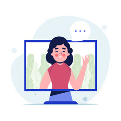 Women communicating through video call on computer. Flat vector illustration
