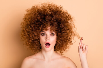 Close up photo beautiful she her wear no clothes nude lady displeased show new stylist hairdo curls...