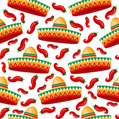 Cinco de Mayo bright seamless pattern. White background with sambrero, pepper. Vector illustration