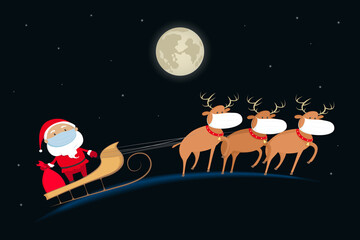 Naklejka premium Santa Claus in medical mask flying on reindeer sled. Cartoon style. Vector illustration.