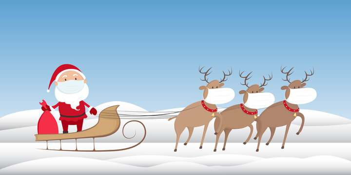 Santa Claus in medical mask riding on reindeer sled. Cartoon style. Vector illustration.