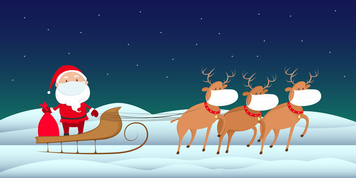 Santa Claus in medical mask riding on reindeer sled. Vector illustration.