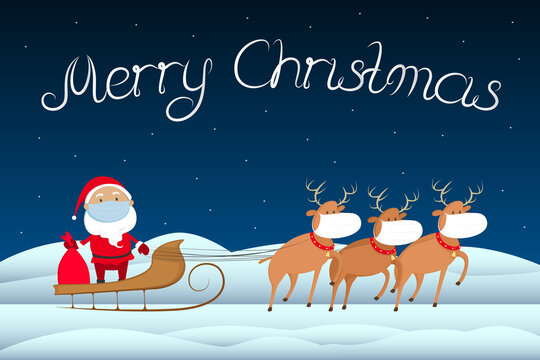 Christmas 2020 greeting card. Santa Claus in medical mask. Vector illustration.