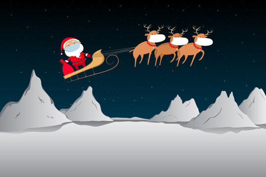 Santa Claus in medical mask flying on reindeer sled. Vector illustration.