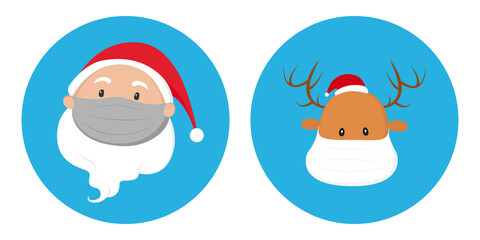 Santa Claus and reindeer in medical masks. Vector icons.
