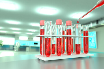 laboratory test-tubes in chemistry study clinic - blood sample analysis for virus (eg covid-2019), medical 3D illustration with soft focus