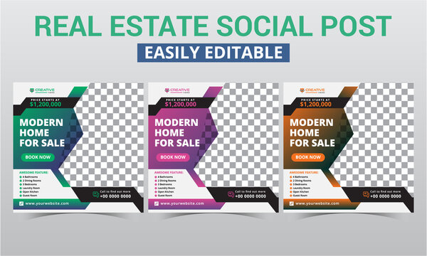 Real estate social media post design digital marketing premium vector sets. Modern geometric home sale & rent square social media layout & promo social media banner timeline advertising templates.