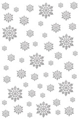 pattern of Christmas decor in the form of silver snowflakes on a white background. new year concept, top view, flat layout, vertical frame