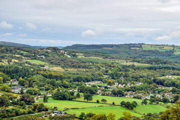 Obraz premium Aerial view of the Green Fields around Glendalough in Ireland