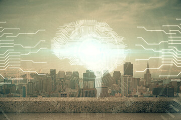 Brain hologram drawing on cityscape background multi exposure. Ai in modern city concept.