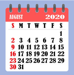 Letter calendar for August 2020. The week begins on Sunday. Time, planning and schedule concept. Flat design. Removable calendar for the month. Vector