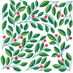 Green leaves with red berries. Illustration with felt-tip pens.