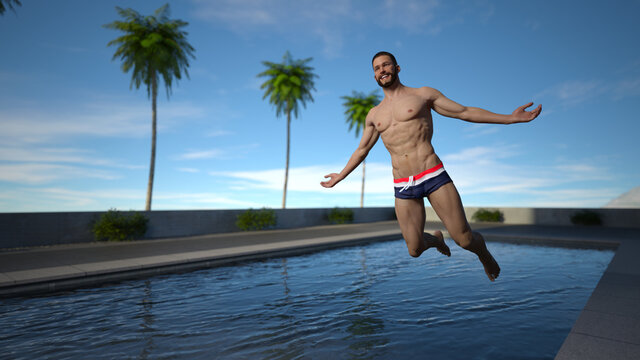 3D Render : The picture of a happy guy jumping in the air wearing swimsuit into the pool