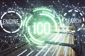 Multi exposure of cryptocurrency theme hologram drawing and city veiw background. Concept of...