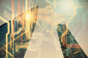 Map and data theme hologram on city view with skyscrapers background double exposure. International technology in business concept.