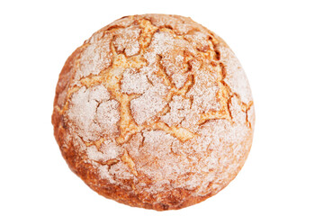Round bread with a golden crust. Isolated on white background. Top view.