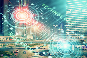 Data theme hologram drawing on city view with skyscrapers background multi exposure. Ai concept.